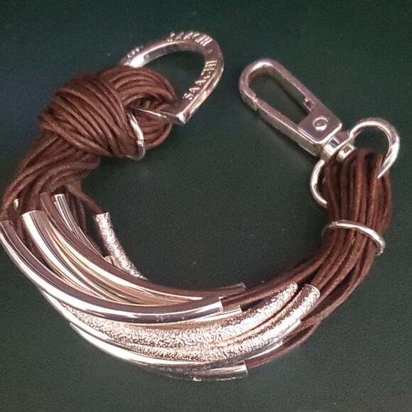 Saachi Multi-strand Statement Bracelet Dark‎ Brown Cords with Silver Tone Bars - Picture 3 of 10